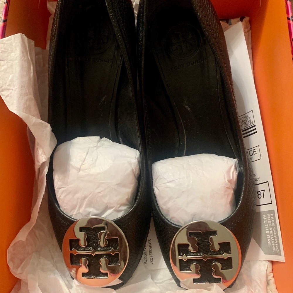 Tory Burch Sally Wedges (Black Pebbled Leather)